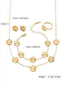 1pc/Set Elegant Minimalist Versatile 18K Gold Plated Stainless Steel Clover Necklace, Bracelet, Earrings & Ring Jewelry Set, Suitable For Women Everyday & Party Wear