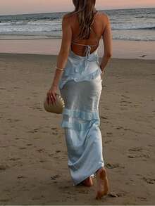 女式夏季纯色细肩带不对称荷叶边露背修身长款浪漫花园派对连衣裙 - 藍色 - 查看 5