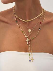 Set di 4 collane vintage in metallo dorato a forma di croce di Gesù a Y, set di collane con ciondolo in cristallo colorato, adatte per uso quotidiano e vacanze, regalo per amici (il colore e la quantità dei cristalli potrebbero variare rispetto all'articolo reale)
