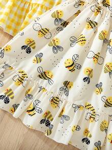 2 Peças Vestido Floral Casual com Estampa de Tule para Jovens, Bainha Plissada sem Mangas, Uso Diário/Ao Ar Livre de Verão