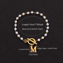 1pc Simple Fashion Stainless Steel Initial Toggle Clasps Faux Pearl Bead Bracelets For Women - White - View 2