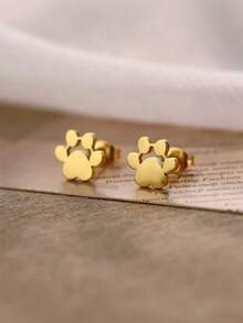 Customized Initial Stud Earrings, Personalized Dog/Cat Paw Print Earrings, Stainless Steel Pendant Carved Name Earrings, Pet Memorial Gift - Silver - View 4