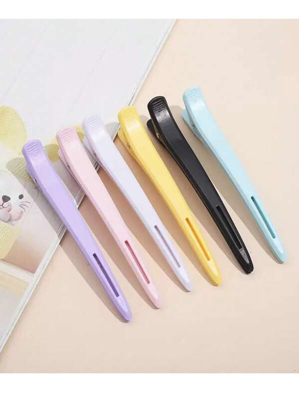 6pcs Solid Color PS (Polystyrene) Sectioning & Clip Hairstyling Clips For Professional Hair Coloring With No Mark, Long Nose Hair Styling Tool