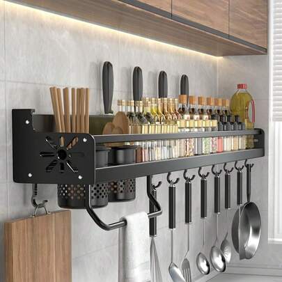 Soporte para cuchillos de cocina montado en la pared  , bloque de cuchillos con soportes para palillos, estante de acero inoxidable, organizador de almacenamiento de herramientas de cocina para colgar cuchillos, cuchara, palillos,  con 8 ganchos (Negro)