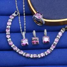 Elegante conjunto de joyería de 5 piezas para mujeres - Collar, aretes, colgante, anillo y pulsera de zirconia cúbica púrpura vintage cuadrada - Perfecto para bodas, regalo de Navidad para mujeres, empaquetado en caja de joyería de alta gama