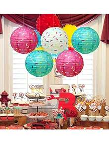 3pcs Paper Ice Cream & Donut Shaped Lanterns - Party Hanging Paper Lanterns, Birthday Party Candy Macaron Round Folding Paper Lanterns, Suitable For Wedding, Birthday, Christening And Various Festivals - No Power Required, No Feathers