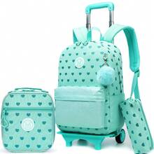 Set de 3 mochilas con ruedas para niñas - Mochila con ruedas para estudiantes de primaria - Equipaje de mano tipo mochila - El mejor regalo para niñas - Bolso con ruedas Love con estampado dorado multicolor - Ver 7