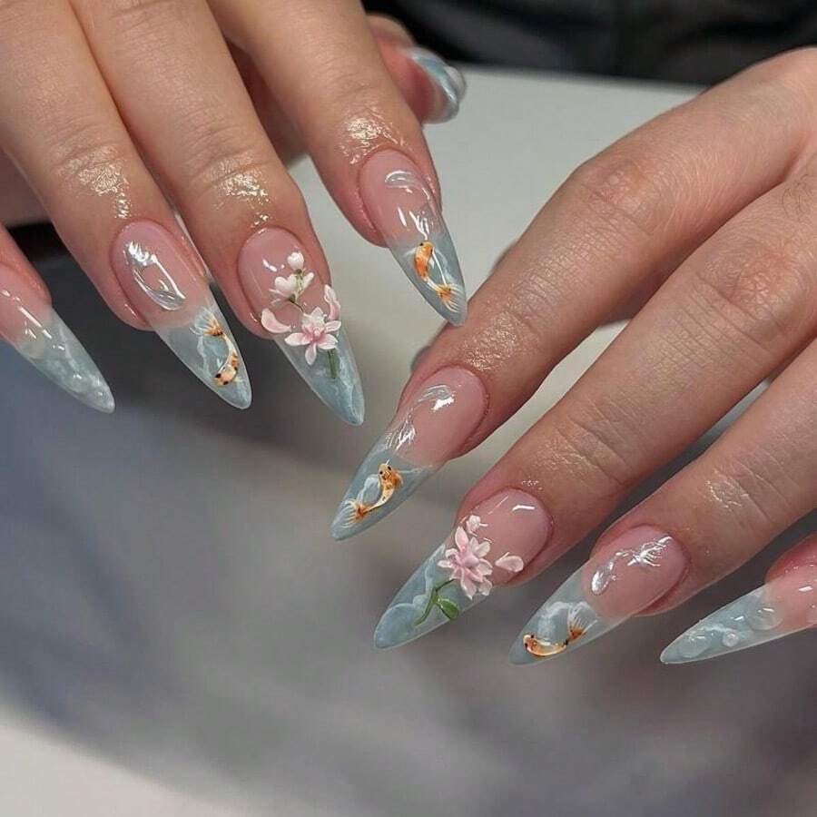 Spring Fairy Core Press-On Nails - Hand-Painted Botanicals & Gold Koi Fish, French Ombré Gel Tips With Crystal Sheer Effect - Baby Blue - View 1