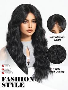 Lange gewellte Perücke mit Pony für Frauen, schwarze Perücke mit 24 Zoll langen lockigen Haaren, natürlich aussehende synthetische Perücke für Mädchen zur täglichen Verwendung oder für Partys und Cosplay