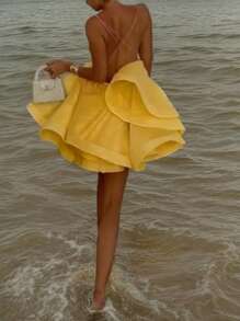 Sexy Backless A-Line Mini Dress, Butter Yellow Spaghetti Strap Dress, Suitable For Vacation, Back To School Party, Homecoming, Halloween Costumes #GalaNight