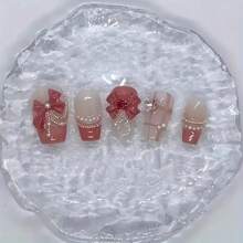 10PCS Red Press On Nails Short Coffin Nails, Summer Nails, Nail Supplies, Short French Nails, Cute Love Bow Nails, Home DIY Nail Design Full Coverage Fake Nail Tips Artifical Fingernails For Women And Girls Manicure Supplies Office Daily Wear False Nails, Purely Hand-Wear Nails, Handmade Press On Nails
