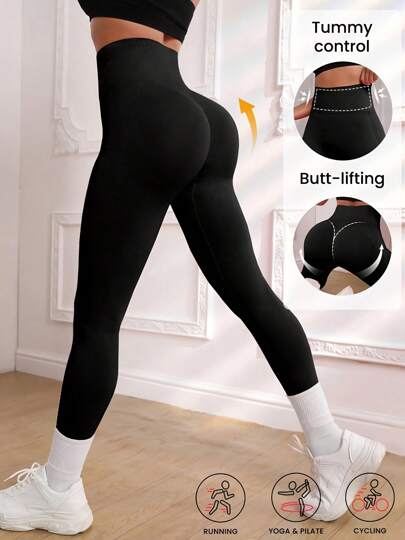 1 Stück Damen nahtlose hochgeschnittene Po-hebende & Bauch-kontrollierende schwarze einfarbige Leggings, warmes, atmungsaktives & dehnbares Wintermaterial für Gym, Outdoor, ideal für Training & Laufen, Weihnachts-Outfit-Essenzial.