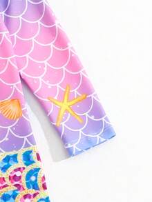 少女卡通美人鱼鳞片印花长袖拉链连体泳衣 - 彩色 - 查看 7