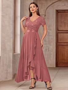 MIUSOL 优雅V领亮片花卉蕾丝荷叶边下摆正式派对长裙，适合情人节、婚礼等场合 - 藕粉色 - 查看 4