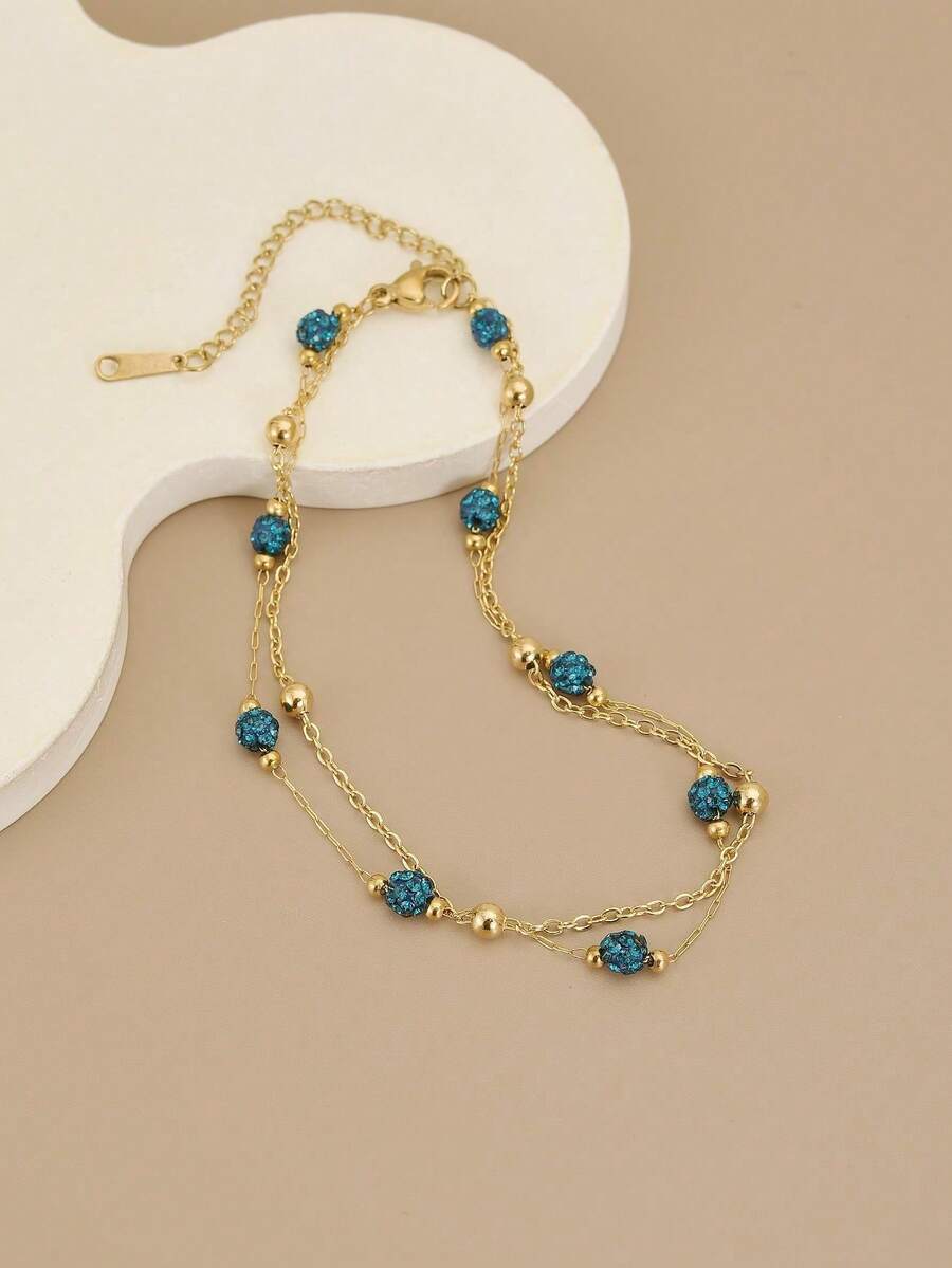 1pc Double Layer Sparkling Blue Rhinestone Beaded Stainless Steel Anklet/Bracelet For Women (Handmade Chain, Bead Quantity May Vary, Actual Length Prevails) - Yellow Gold - View 1
