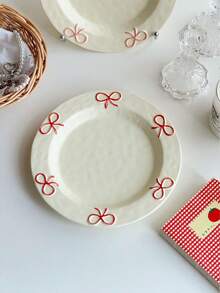 1pc Ins Style Cute Bow Ceramic Plate, Household Bow Design Tableware Ceramic Plate, Shallow Dish, Dessert & Fruit Plate, Breakfast Plate For Single Use - Multicolor - View 15