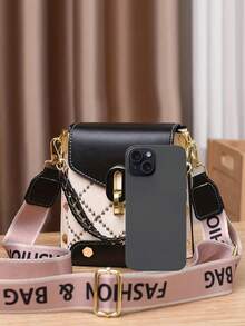 Stylish Women's Mini Crossbody Bag With Rivet Details, Multi-Layer Lightweight, Geometric Pattern, Black & White Design, Adjustable Shoulder Strap, Golden-Tone Hardware, Compact Square Bag For Everyday Use - Multicolor - View 4