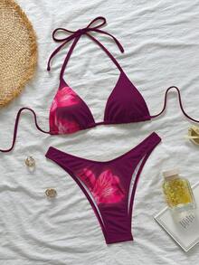 女士紫色芙蓉花泳衣，适合夏季泳池、海滩等各种场合，简约优雅的花卉装饰比基尼沙滩装