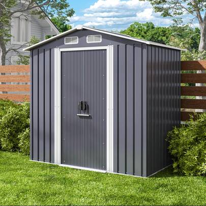Cobertizo metálico para herramientas de exterior, 184 x 119 x 186 cm, cobertizo para herramientas con techo a dos aguas y puertas correderas, cobertizo de jardín con cerradura y guantes para jardín y patio