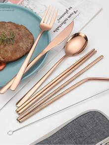 Bộ dao nĩa bằng thép không gỉ, bộ dụng cụ ăn bít tết kiểu Hàn Quốc bao gồm đũa và ống hút, tiện lợi mang theo khi đi du lịch ngoài trời và dành cho học sinh. - Nhiều màu - Xem 2