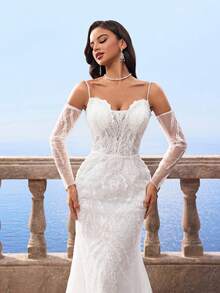 Elasola HEARBOBO Romantic Elegant Noble & Cute White Lace Appliques Mermaid Wedding Dress With Train,Suitable For Beach,Lawn Wedding Party Elegant - White - View 3
