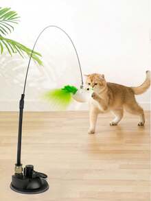 逗猫棒玩具，带羽毛和铃铛，钢杆吸盘底座，自娱自乐猫玩具 | 趣味猫玩具 | 耐用猫玩具，人造纤维羽毛逗猫棒，猫咪用品 - 紫色 - 查看 2