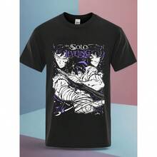 [Adventure] Unisex Solo-Leveling Cotton T-Shirt | 100% Cotton | Round Neck | Vibrant Anime Graphic | Machine Washable | Casual Outdoor Wear For Spring & Autumn | Black With Purple And White Design, Cartoon T Shirt As Gift