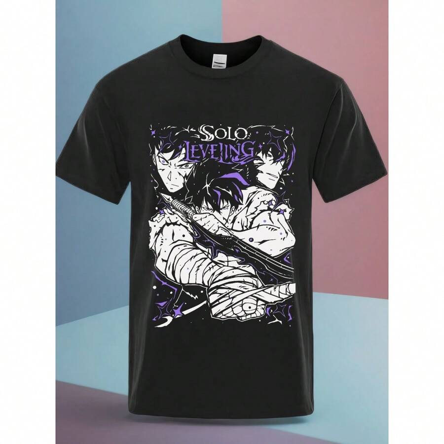 [Adventure] Unisex Solo-Leveling Cotton T-Shirt | 100% Cotton | Round Neck | Vibrant Anime Graphic | Machine Washable | Casual Outdoor Wear For Spring & Autumn | Black With Purple And White Design, Cartoon T Shirt As Gift