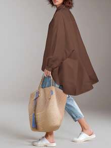 长袖衬衫女式休闲秋冬白色蝙蝠袖前扣上衣