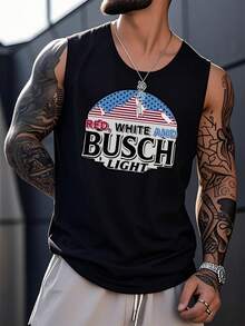 1pcs American Flag Printed Men's Tank Tops Patriotic Mountain Tank Tops 100% Pure Cotton Ideal Choice For Summer, Casual Wear, And Outdoor Activities - Black - View 1