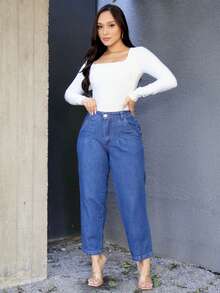 Women's Mom Jeans With Elastic Back Elegant Fashion - 深色水洗藍 - 查看 6