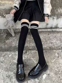 1 Pair Solid Striped Over-The-Knee Socks, Thick And Sexy For Daily Wear