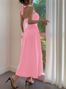 Simple Solid Color Women's Long Dress Suitable For Vacation, Pink Sweet Style Women's Backless Hanging Neck Dress