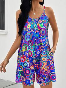 女士沙滩装鲜艳佩斯利印花吊带无袖连体衣，女士夏季阔腿连体裤（S-XXL），女士休闲无袖度假装连体衣 - 藍色 - 查看 2