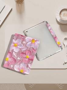 Funda para iPad (A16) compatible con iPad de 11.ª generación de 11 pulgadas de 2025, para funda de iPad de 10.ª generación de 10.9 pulgadas de 2022 con soporte para lápiz, cubierta protectora plegable de tres paneles, activación/desactivación automática, regalo lindo para vuelta al colegio, San Valentín, días festivos, con base de gasa y estampado de flores de aceite