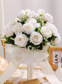 1PC Bridal Bouquet For Wedding; Lace Ribbon Tied Artificial White Rose Flower; Wedding Home Decoration; Wedding Ceremony; Bride's Hand-Held Flower; Church Wedding Ceremony Bridesmaid Prop; Outdoor Wedding Party Photography Decoration Prop