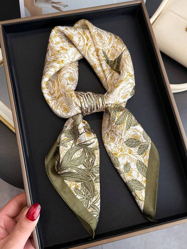 1pc Luxury And Fashionable Floral Print Imitation Silk Satin Square Scarf Headband Bandana , Versatile Women's Hair Band Shawl For Tourism, Vacation, Leisure, And Leisure,Head Scarf, Daily Commuting Small Collar