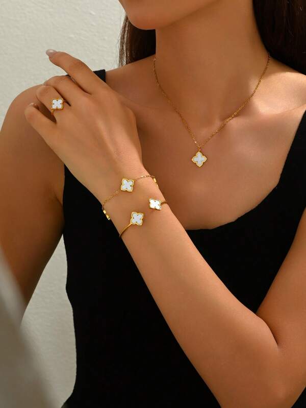 1 Set Stainless Steel 4-Leaf Clover Jewelry Set Include Bracelet Necklace Earrings Ring Bangle, Made Of Acrylic Plated 18K, Stylish For Daily, Party, Holiday Wear