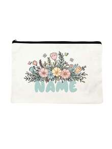 [Custom Made] Polyester Flower Design Cosmetic Bag For Women - Waterproof, Large Capacity,Personalized Name,Unscented, Portable Zip Makeup Pouch, Travel Essential, Gift For Flower Lovers - Exclusive Gift - Beige - View 8