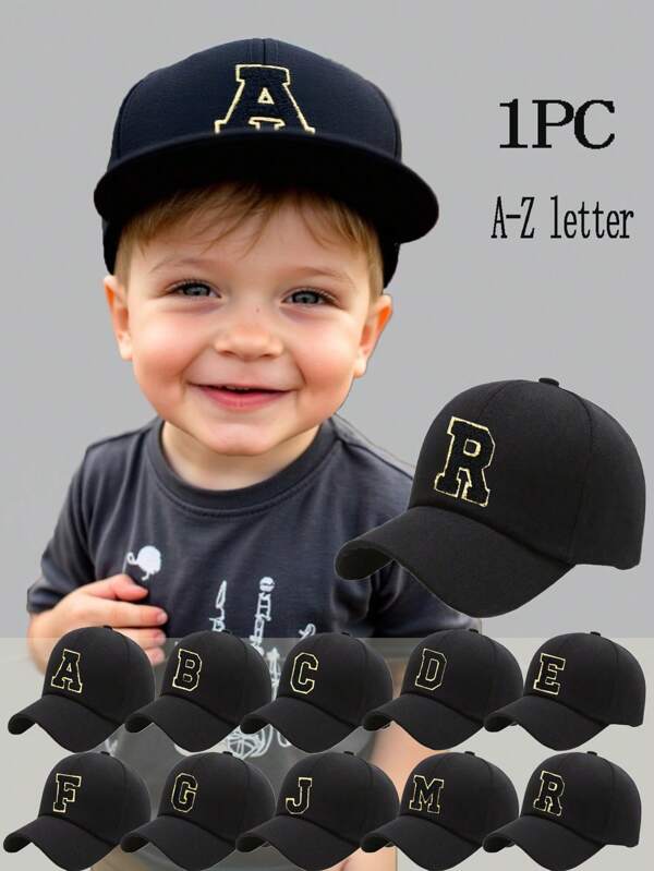 1 pieza Gorra de béisbol negra sólida con decoración de letra para niños/niñas, gorra snapback clásica para niños para uso diario casual en primavera y verano