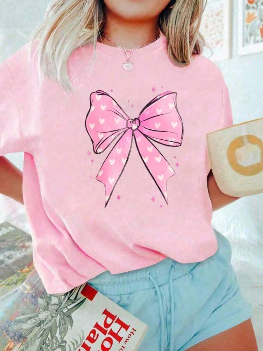 1 Pack Girls Casual Printed Crew Neck Short Sleeve T-Shirt Summer Student Youth Clothing - 粉色 - 查看 1