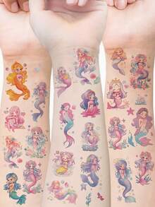 Set de 6 tatuajes temporales brillantes de sirena, tatuajes de dibujos animados a prueba de agua y sudor, desechables para niños en cara, brazo, cintura, pecho, pierna, abdomen, cuello, mano, dedo, espalda para fiestas, actuaciones, Día del Niño, arte corporal moderno. - Multicolor - Ver 2