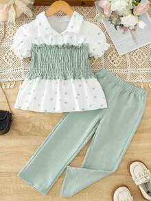 两件套女童夏季套装，领口爱心装饰腰部上衣和牛仔长裤，时尚装扮 - 綠色 - 查看 1