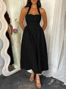 Vestido casual de playa, vacaciones, temperamento elegante, vuelta al colegio, citas, festivales de música, Día de la Madre, temporada de graduación, con cuello colgante y espalda descubierta, talla grande, para mujer