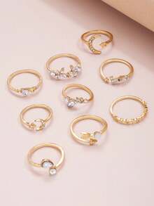 9 件套优雅简约心形、星星、月亮水晶戒指套装，可调节，适合女性节日、派对、约会、日常佩戴、礼物