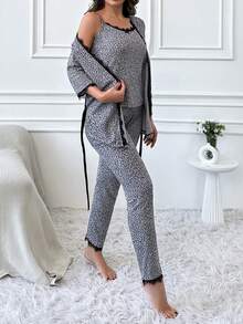 3pcs Printed Lace Pajama Set With Lace Trim Cardigan, Tank Top And Long Pants - Black and White - View 3
