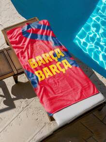 1pc BARCA Forever Beach Towel - Quick-Dry Lightweight Polyester, Super Absorbent & Machine Washable With Modern Low-Pile Texture - Vibrant Red & Blue Stripes Print For Swimming, Camping, Travel Beach Essentials