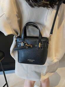 Faux Leather Solid Color Mini Bucket Bag, Versatile Casual Handbag And Shoulder Bag - Black - View 5