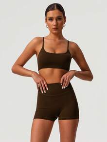 Sodalemon Women 2Pcs Fitness Sets Backless Padded Sport Bra No Front Seam Outdoor Cycling Shorts Elastic Gym Training Sport Set - màu nâu - Xem 6