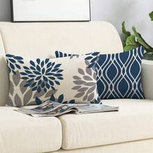 4 件装蓝色几何图案抱枕套 - 沙发装饰靠垫套，户外家居装饰枕套，单面无芯，花卉节日装饰枕套（16 英寸 x 16 英寸、18 英寸 x 18 英寸、20 英寸 x 20 英寸）（12 英寸 x 20 英寸） - 藍色 - 查看 12